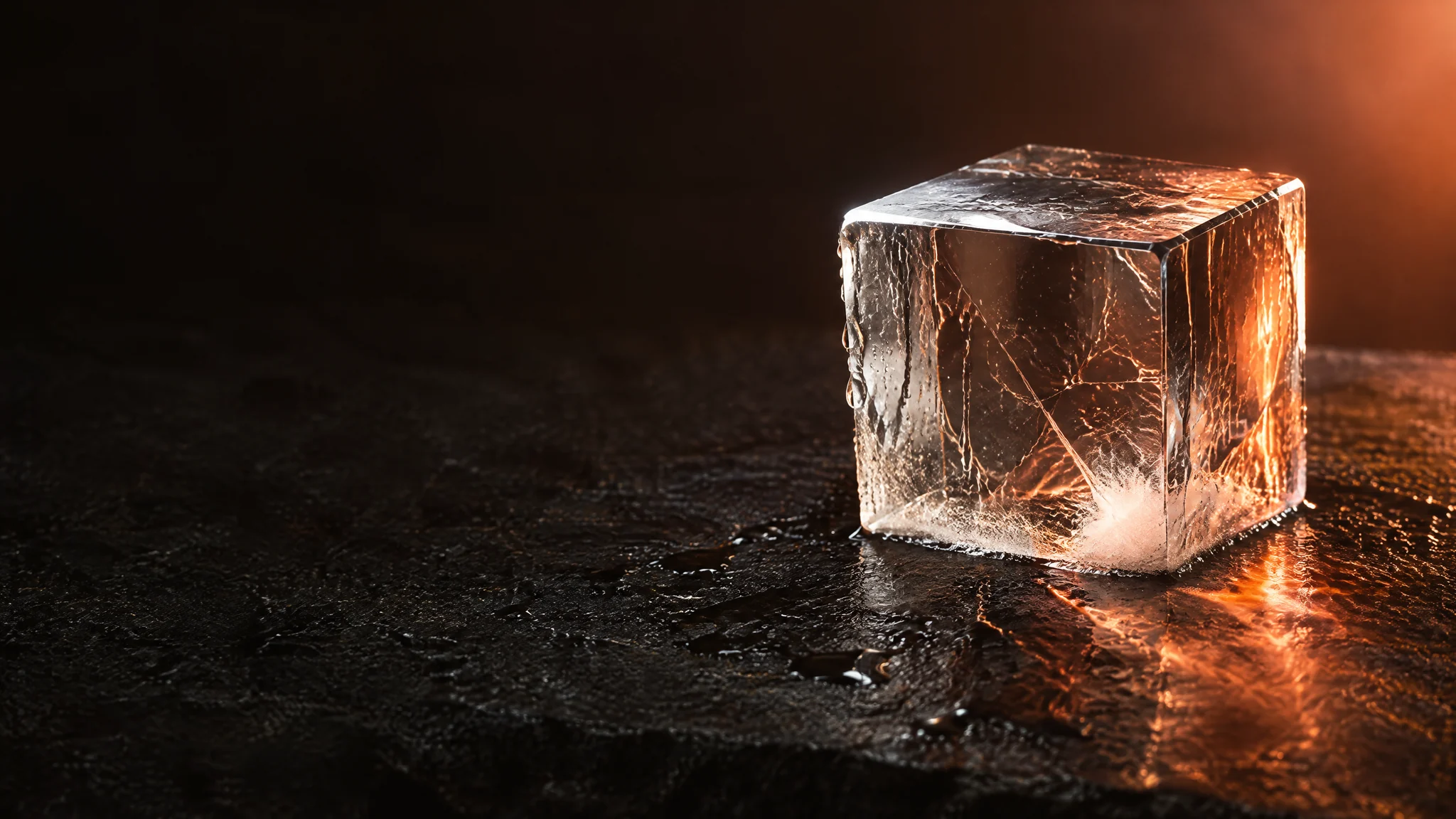Un cubo de hielo transparente sobre piedra mojada, con una luz coral que lo atraviesa.