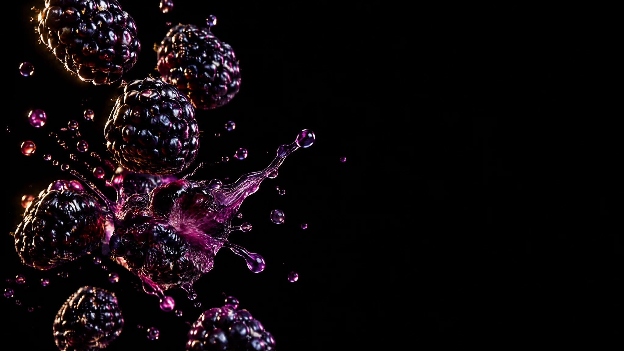 Moras cayendo en la oscuridad; una revienta en una salpicadura de zumo morado.