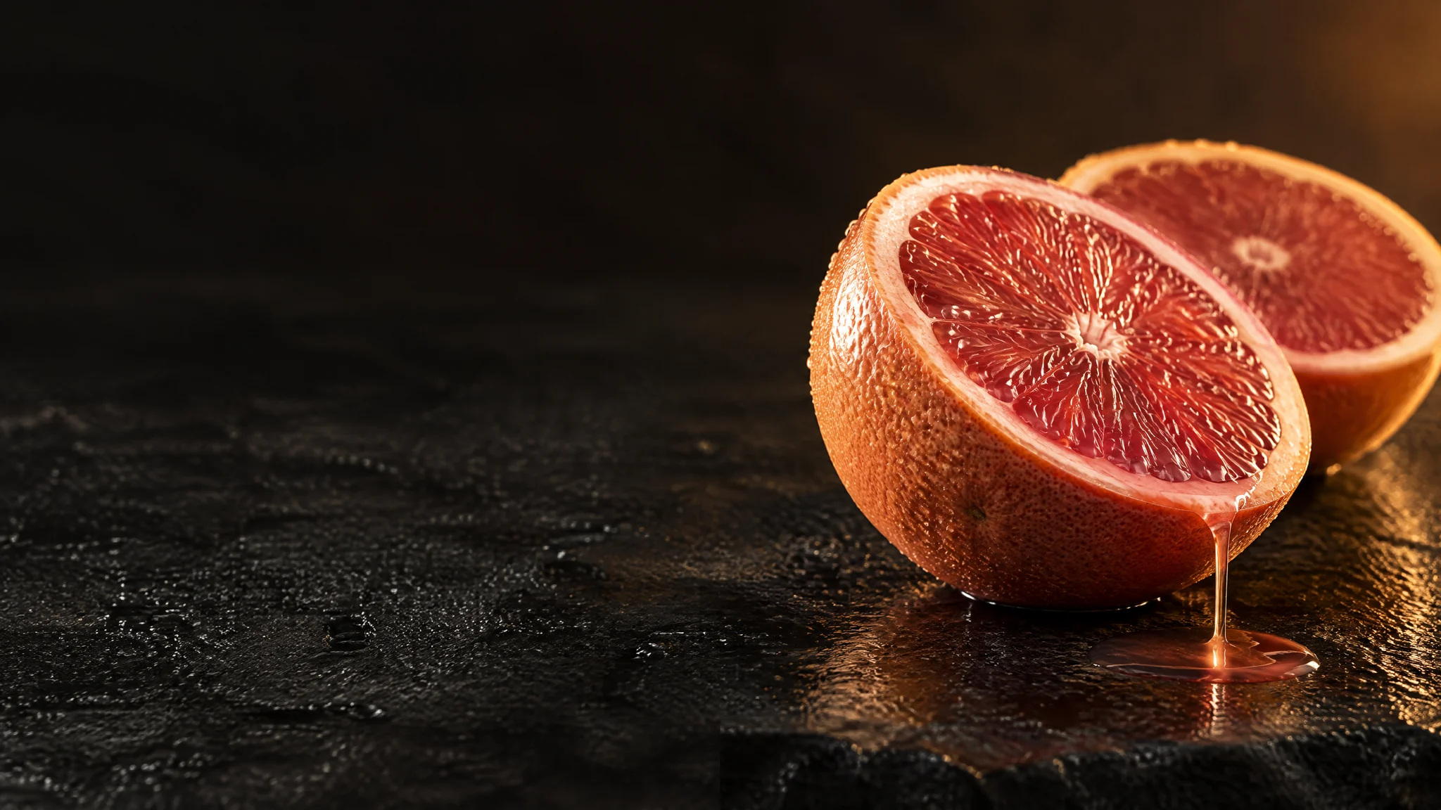Dos mitades de pomelo rosa sobre piedra negra mojada; una gota de zumo resbala hasta la piedra.